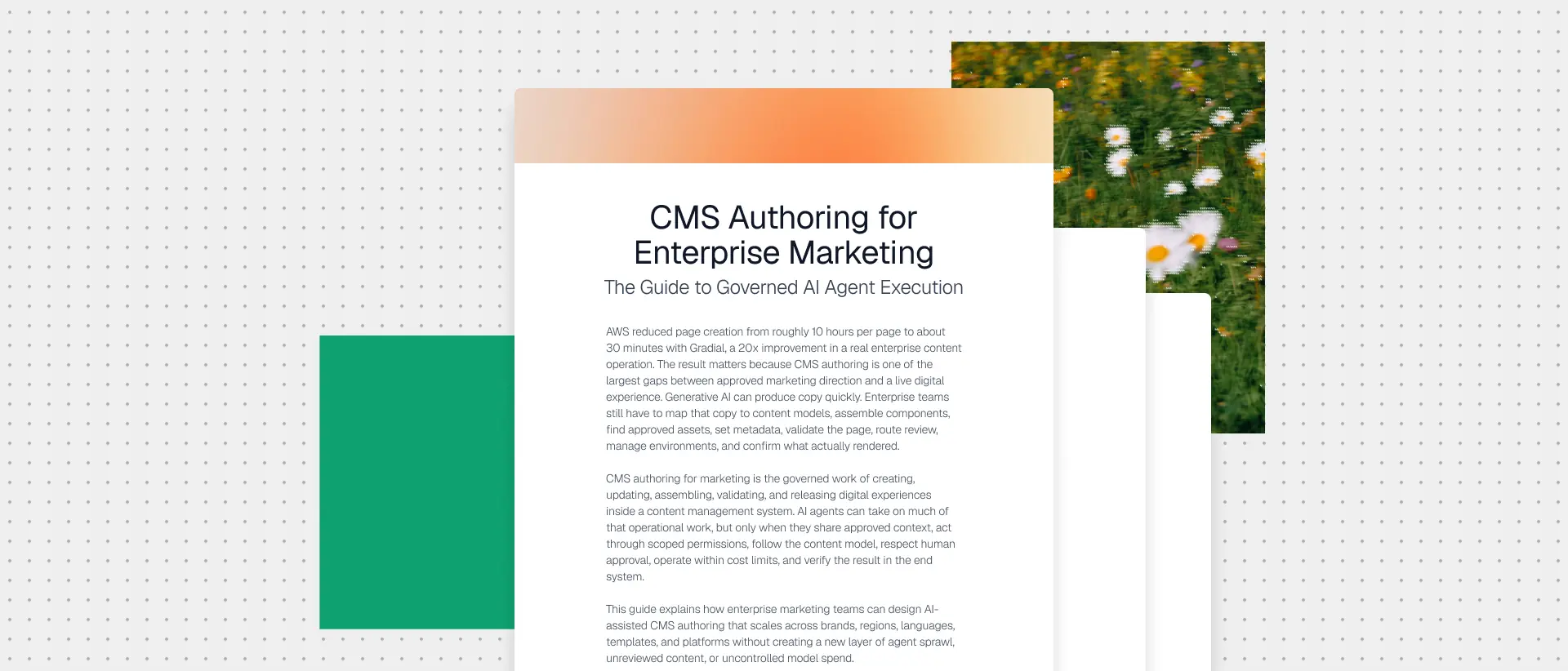 CMS Authoring for Enterprise Marketing guide preview with document pages and supporting imagery
